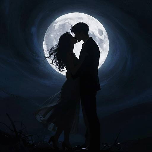 Silhouetted Couple Kissing Under Full Moon