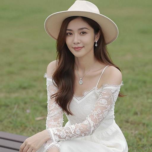 Asian Woman in White Dress and Beige Hat Outdoors