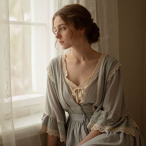 Photograph of a fair-skinned woman with brown hair in a loose bun, wearing a light blue, lace-trimmed dress, gazing thought