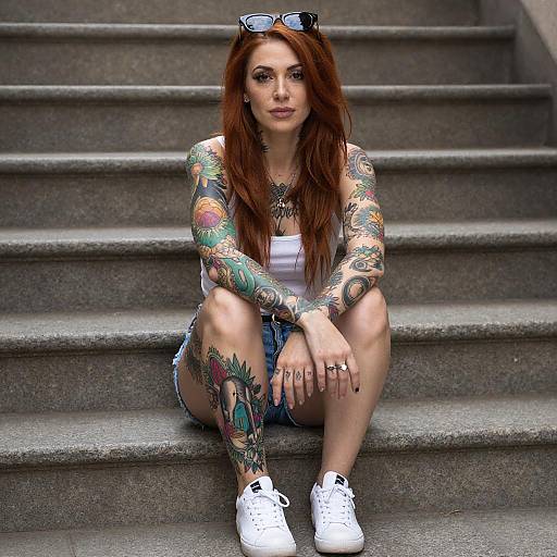 Tattooed Red-Haired Woman on Steps