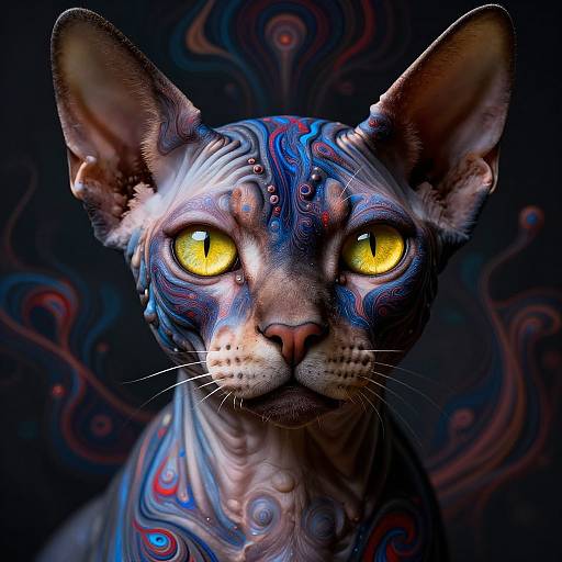 Digital artwork of a stylized, blue-patterned, short-haired cat with vivid yellow eyes, set against a dark, swirl-patterned background. The