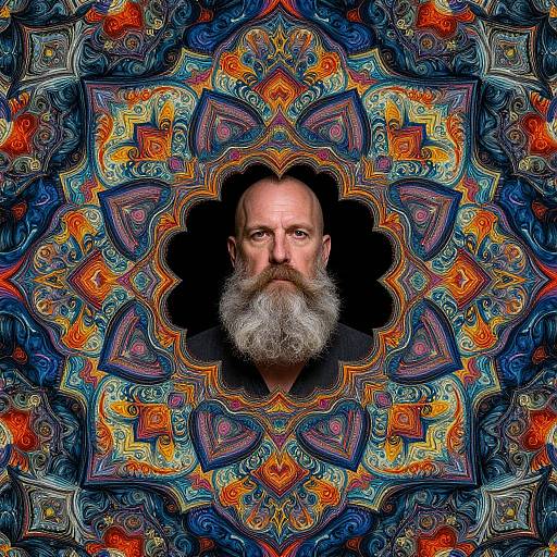 Photorealistic digital artwork of an older man with a white beard, centered in an intricate, vibrant, multicolored mandala pattern.