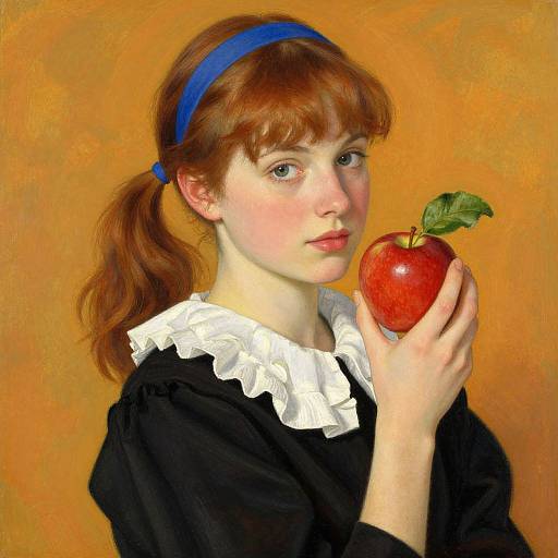 Digital painting of a fair-skinned young woman with red hair, blue headband, black dress with white ruffle, holding a red apple against an