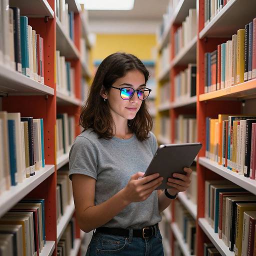 Photograph of a young woman with wavy brown hair, wearing glasses with a colorful reflection, grey t-shirt, blue jeans, and black belt,