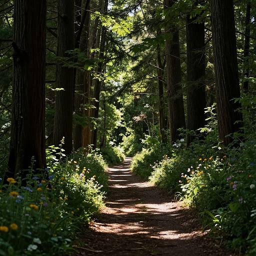 Photograph of a sunlit forest path, flanked by tall trees and vibrant green foliage with scattered yellow flowers, casting dappled shadows on the