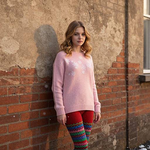 Photograph of a young woman with wavy brown hair, wearing a pink sparkly sweater, red pants, and colorful striped leggings, leaning against a