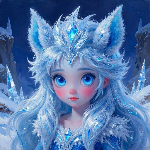Digital art: Anime-style, blue-eyed, pale-skinned girl with white, icy hair, cat ears, and crystal crown, set against a snowy