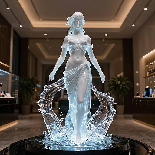 Photograph of a glowing, translucent sculpture of a classical-style woman in a flowing gown, surrounded by illuminated water patterns, in a dimly lit,