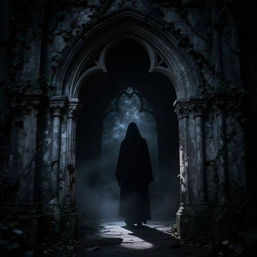 Mysterious, hooded figure walks through dark, misty, Gothic archway illuminated by eerie blue light, surrounded by crumbling stone pillars. Digital art