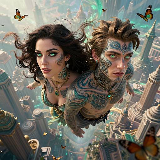 Digital artwork of two tattooed, green-eyed, dark-haired individuals with intricate face markings, flying over a futuristic cityscape with floating butterflies.