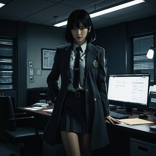 Anime Detective Girl in Dim Office