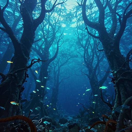Underwater photograph of a mystical forest with dark, twisted trees and glowing blue fish swimming among dense, misty foliage.
