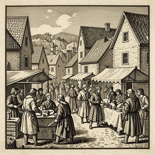 Black-and-white woodcut illustration of a bustling medieval market street with people in cloaks, hats, and aprons buying goods from stalls.