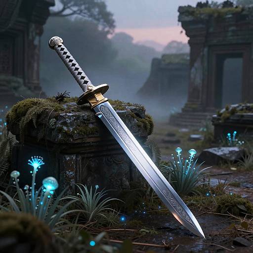 Fantasy illustration: Glowing blue flowers surround an intricately designed, silver sword with a black-and-white checkered hilt, resting on mossy