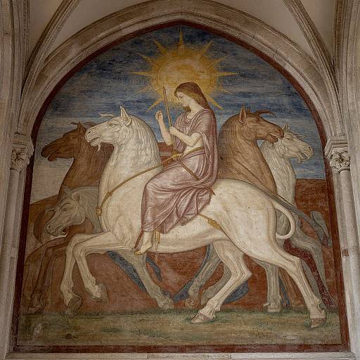 Medieval fresco of a haloed woman in pink robes riding a white horse, accompanied by two brown horses, set in an arched stone frame