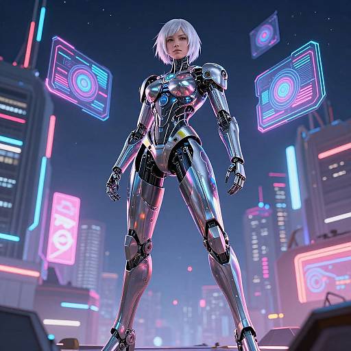 CGI image of a silver, futuristic, humanoid robot woman with white hair in a neon-lit, cyberpunk cityscape at night.