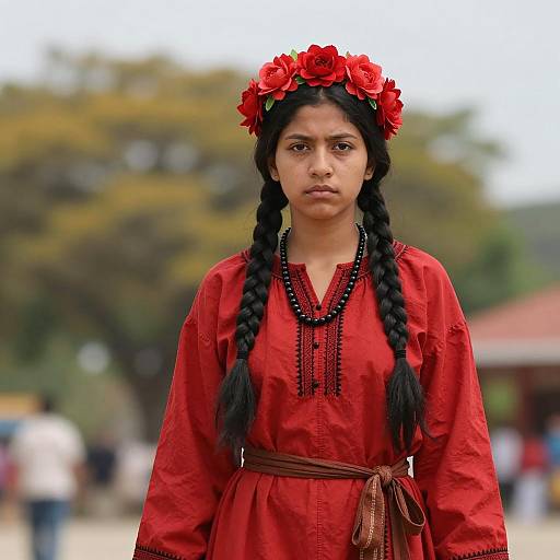 Young Woman in Traditional Red Dress and Flower Crown