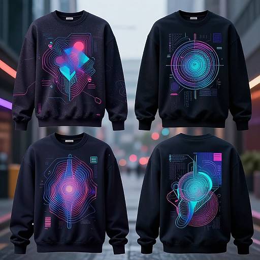Photograph of four black sweatshirts with vibrant, neon geometric digital art designs in blue, pink, and purple on urban street background.