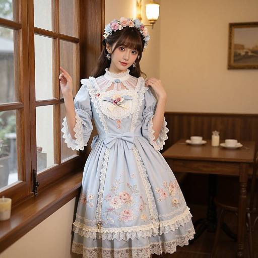 Photograph of an Asian woman in a Victorian-style blue dress with white lace and floral embroidery, standing by a wooden window in a warmly lit, vintage