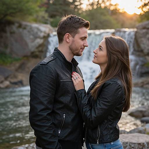 Photograph of a romantic couple standing close, gazing at each other, in front of a cascading waterfall at sunset. Both wear black jackets,
