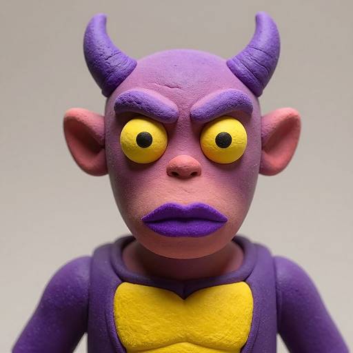 Photograph of a vibrant purple, cartoonish demon with large yellow eyes, purple horns, and purple lips. Wearing a yellow chest piece, against