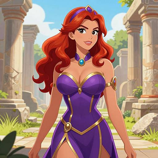 Digital anime-style drawing of a red-haired woman with large breasts in a purple, gold-trimmed dress, standing in a sunlit, ancient ruins