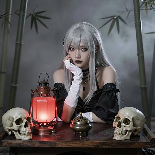 Mystical Woman Amidst Skulls and Mist