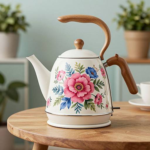 Photograph of a white, floral-patterned teapot with wooden handle and spout, on a wooden table, surrounded by potted plants.