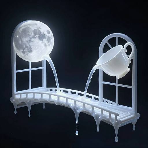 Digital art: Glowing white metal bridge with a pouring teacup against a bright full moon on a black background. Liquid drips from bridge edges