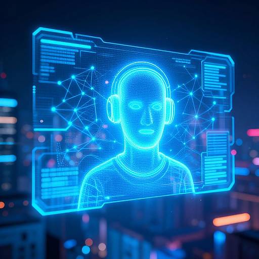 Neon blue digital hologram of a person wearing headphones, with glowing network lines, displayed against a nighttime cityscape background.