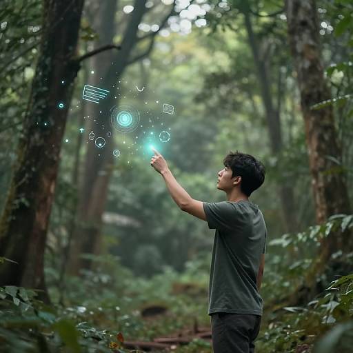 Photograph of a young man with curly black hair, wearing a gray t-shirt, standing in a lush forest, pointing at glowing digital icons floating in