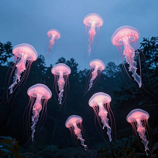 Photograph of glowing pink jellyfish with translucent bodies and long, flowing tentacles floating in a dark blue, twilight ocean, silhouettes of trees
