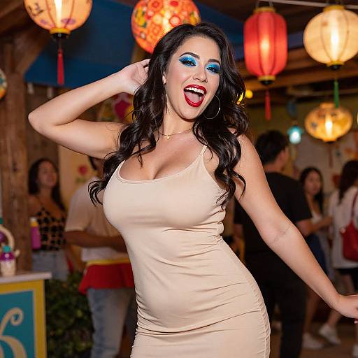 Photograph of a curvy woman with long black hair, blue eyeshadow, red lipstick, and a tight beige dress, dancing joyfully in