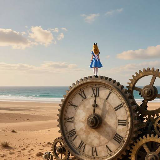Digital art: A blonde girl in a blue dress stands on a giant clock gear on a sandy beach, facing the ocean under a blue sky with clouds