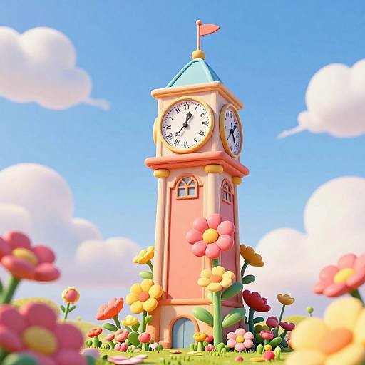 Whimsical digital illustration of a pastel pink clock tower with blue roof, surrounded by colorful flowers under a bright blue sky with fluffy clouds.