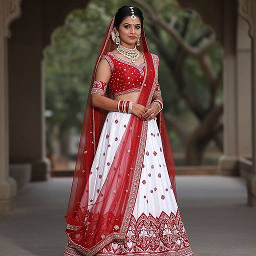 Photograph of a beautiful Indian bride in a red and white saree with gold embroidery, wearing traditional jewelry, standing in an arched courtyard.