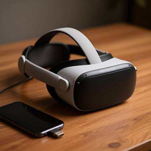 Photograph of a sleek, silver and black virtual reality headset with a black strap, lying on a wooden table next to a black smartphone and USB cable