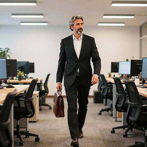 Photograph of a middle-aged man with gray hair and beard, wearing a black suit, white shirt, holding a brown leather briefcase, walking through