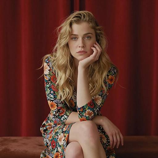 Pensive Woman Against Red Curtain