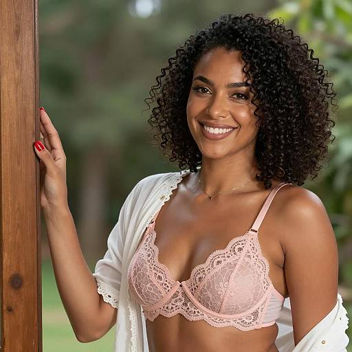 Cheerful Woman by Wooden Door Frame