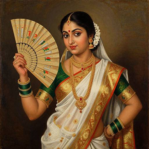 Digital painting of an Indian woman in traditional white and gold saree, holding an ornate fan, adorned with gold jewelry and red accents, against a