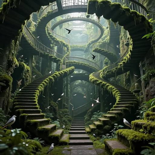 Ethereal Moss-Covered Staircase Labyrinth