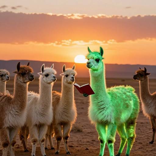 Photograph of six llamas at sunset; one llama with glowing green fur holds a red book, standing in a desert landscape.