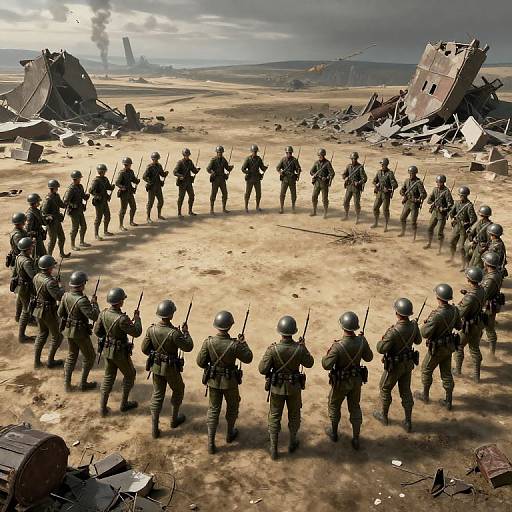 Photograph: Circular formation of armed soldiers in green uniforms and helmets, standing in a desolate, war-torn landscape with destroyed buildings and a cloudy