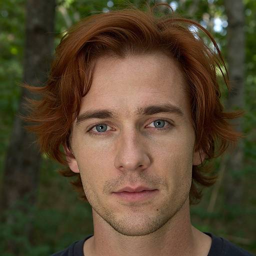 Photograph of a fair-skinned man with red, shoulder-length hair, blue eyes, light stubble, and a neutral expression, set against a