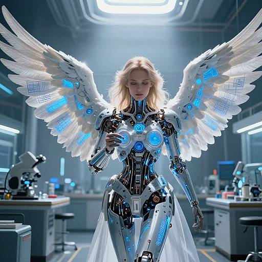 Digital art of a blonde woman with white robotic wings and a metallic silver body, standing in a futuristic lab with blue glowing accents.