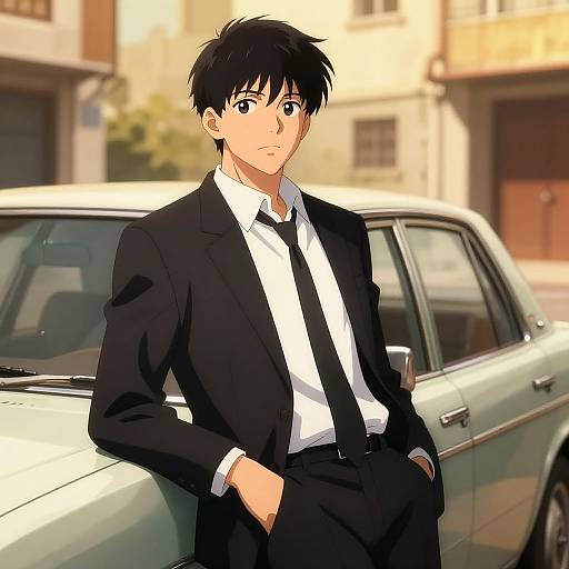 Handsome Anime Boy by Vintage Car