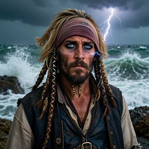 Photograph of a rugged, blue-eyed man with braided hair, brown headband, and pirate attire, standing by a stormy ocean with a