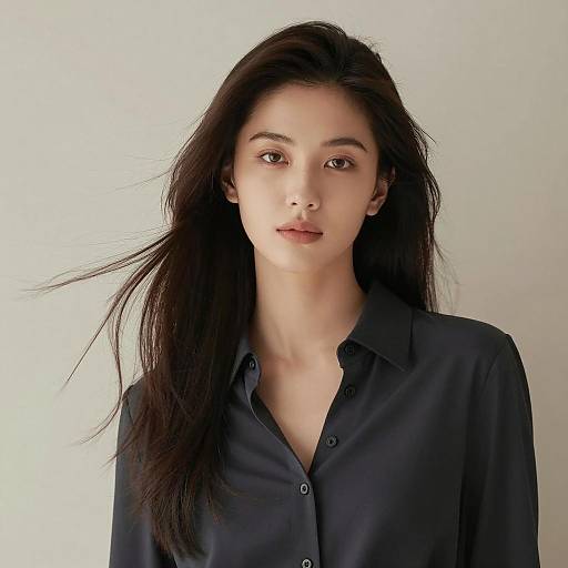 Elegant young woman with long hair in dark blouse