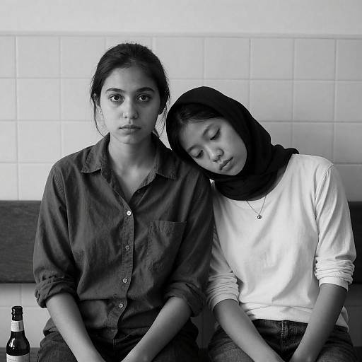 Two Women Sitting Together Black and White